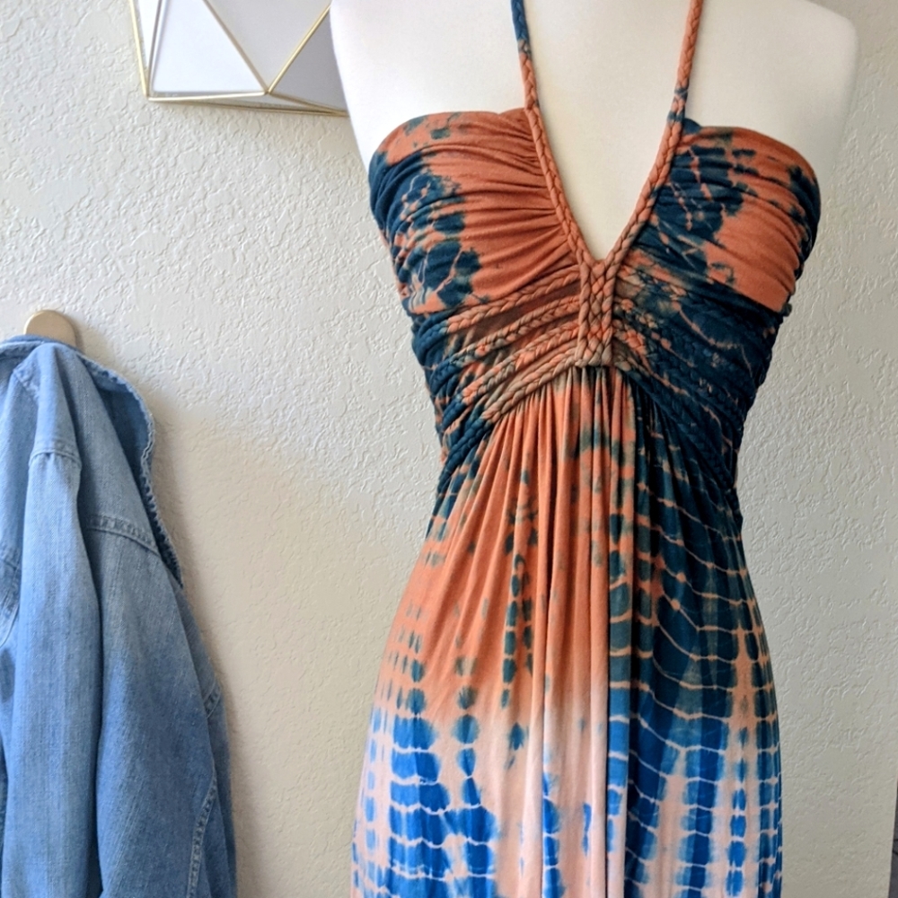 Sky Braided Halter Tie-Dye Maxi Dress in Brown and Blue